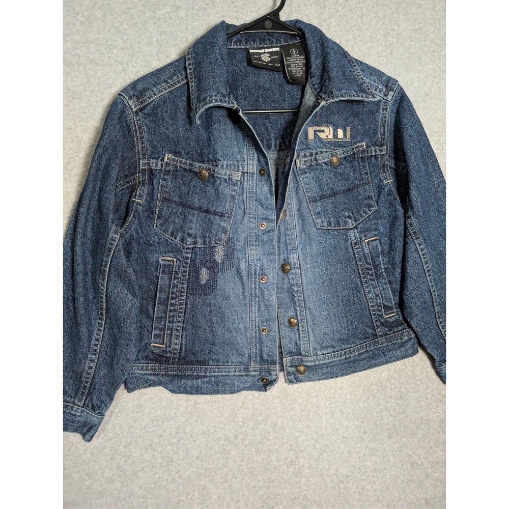 Rocawear Y2K Denim Jacket Womens Small Distressed Trucker Cropped Hip Hop - Picture 2 of 13